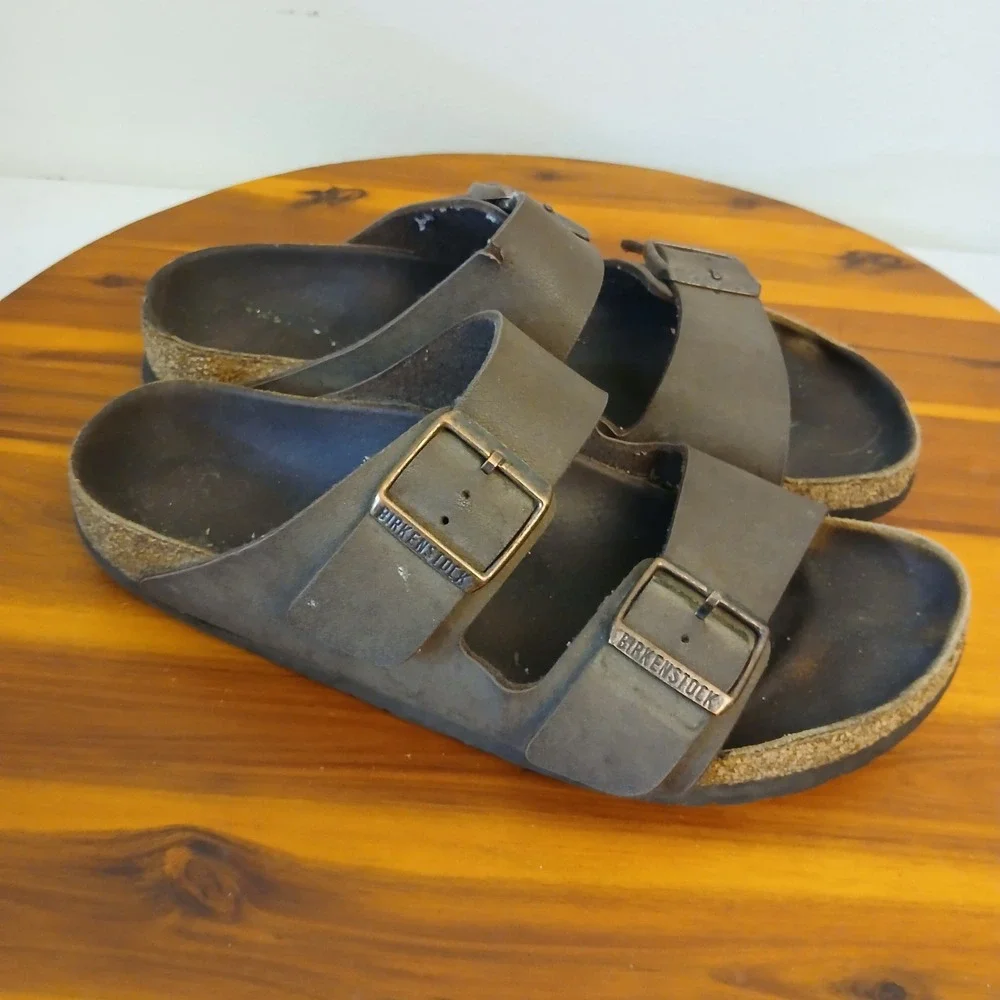 Birkenstock Arizona Sandals Mens 38 Brown Birko-Flor Two Strap Cork Footbed